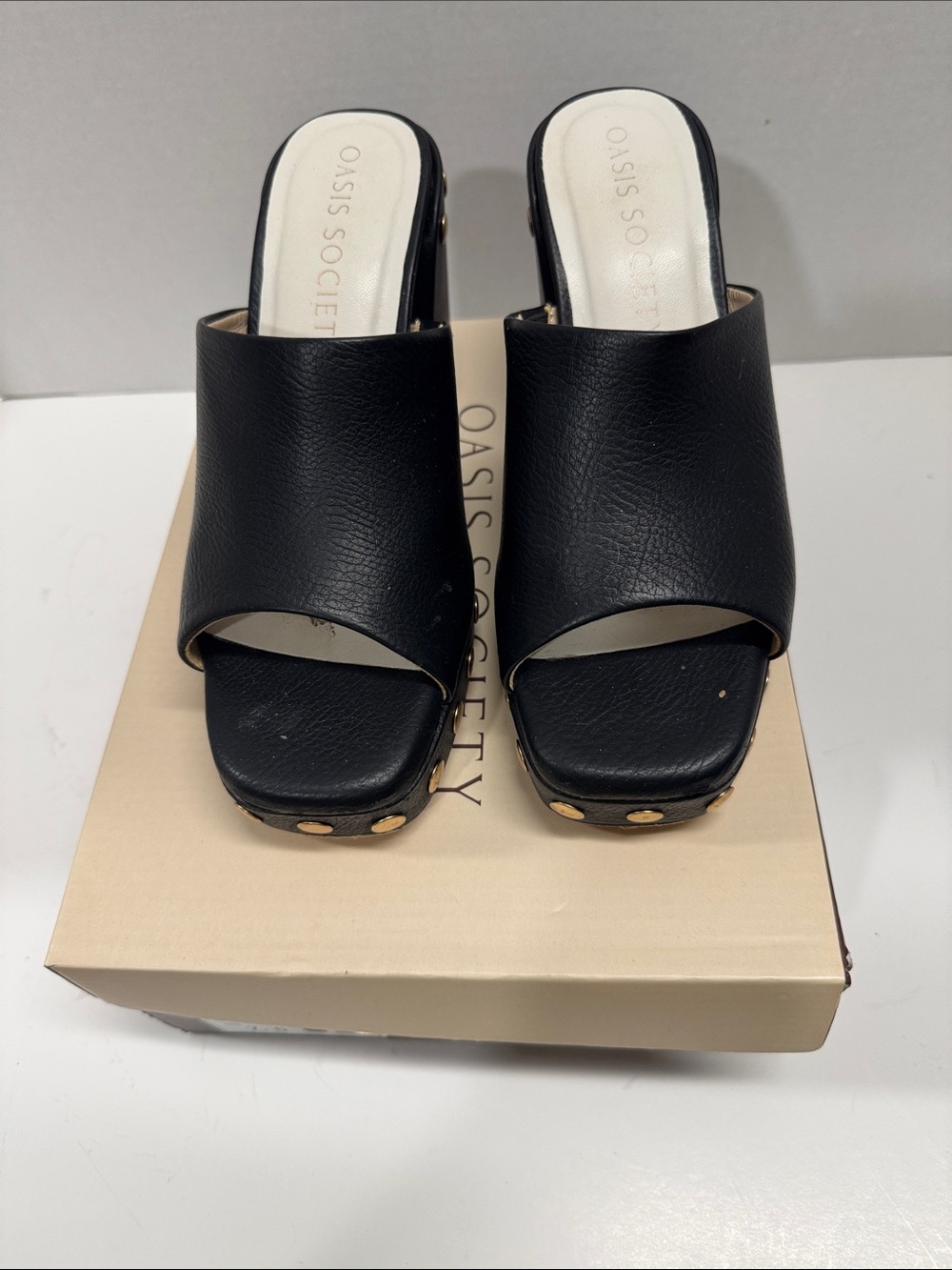 Oasis Society Black Leather Open-Toe Slide Mules with Gold Studs